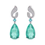 Teardrop gemstone drop earrings wholesale featuring a pavé cubic zirconia flame-top design, a small round gemstone accent, and a large pear-cut crystal drop with 925 silver posts from junejewelry.com