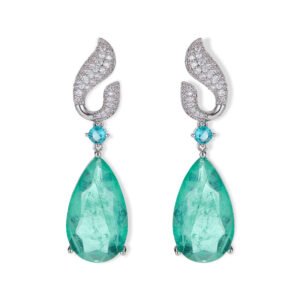 Teardrop gemstone drop earrings wholesale featuring a pavé cubic zirconia flame-top design, a small round gemstone accent, and a large pear-cut crystal drop with 925 silver posts from junejewelry.com