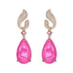 Teardrop gemstone drop earrings wholesale featuring a pavé cubic zirconia flame-top design, a small round gemstone accent, and a large pear-cut crystal drop with 925 silver posts from junejewelry.com