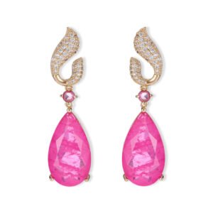 Teardrop gemstone drop earrings wholesale featuring a pavé cubic zirconia flame-top design, a small round gemstone accent, and a large pear-cut crystal drop with 925 silver posts from junejewelry.com
