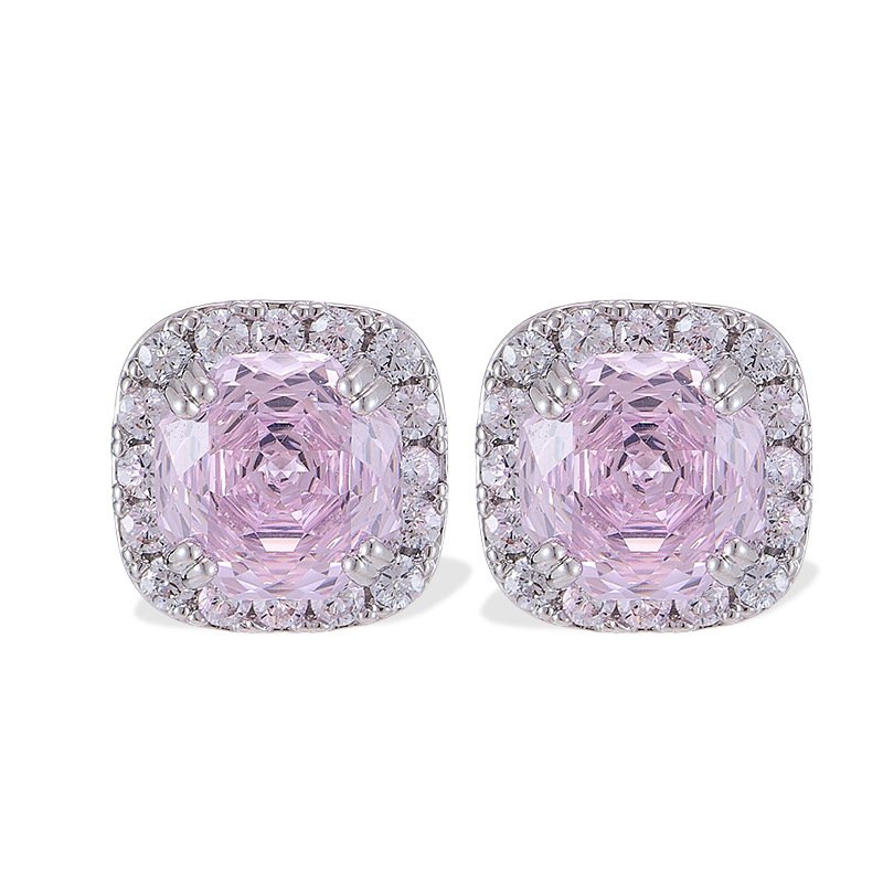 Square cushion-cut rose cut cubic zirconia stud earrings with micro-pave crystal halos in soft pink, canary yellow, and icy blue options.