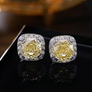 Square cushion-cut rose cut cubic zirconia stud earrings with micro-pave crystal halos in soft pink, canary yellow, and icy blue options.