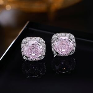 Square cushion-cut rose cut cubic zirconia stud earrings with micro-pave crystal halos in soft pink, canary yellow, and icy blue options.