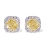 Square cushion-cut rose cut cubic zirconia stud earrings with micro-pave crystal halos in soft pink, canary yellow, and icy blue options.