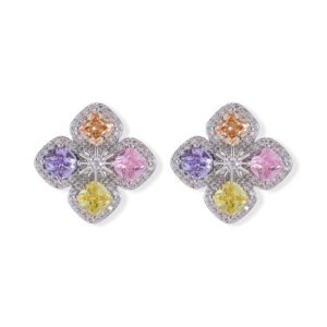 Four leaf clover CZ stud earrings with multi-colored cushion cut crystals, micro-pave halos, and 925 sterling silver posts.