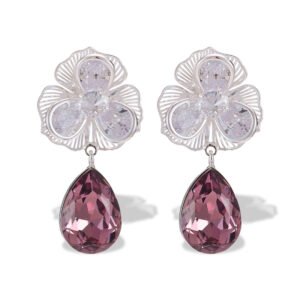 Floral crystal teardrop drop earrings with clear cubic zirconia petals, platinum plating, and faceted emerald green or amethyst purple crystal drops.