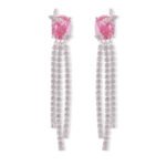 Long tassel CZ drop earrings featuring a cushion-cut colored crystal stud with marquee crystal butterfly accents and cascading cubic zirconia fringe strands on palladium-plated brass with 925 sterling silver posts.