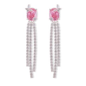 Long tassel CZ drop earrings featuring a cushion-cut colored crystal stud with marquee crystal butterfly accents and cascading cubic zirconia fringe strands on palladium-plated brass with 925 sterling silver posts.