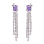 Long tassel CZ drop earrings featuring a cushion-cut colored crystal stud with marquee crystal butterfly accents and cascading cubic zirconia fringe strands on palladium-plated brass with 925 sterling silver posts.