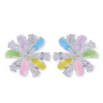 Layered bloom stud earrings featuring alternating glossy enamel petals and marquise-cut clear CZ crystals, available in yellow, sky blue, and pastel rainbow options.