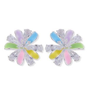 Layered bloom stud earrings featuring alternating glossy enamel petals and marquise-cut clear CZ crystals, available in yellow, sky blue, and pastel rainbow options.