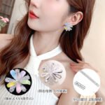 Layered bloom stud earrings featuring alternating glossy enamel petals and marquise-cut clear CZ crystals, available in yellow, sky blue, and pastel rainbow options.