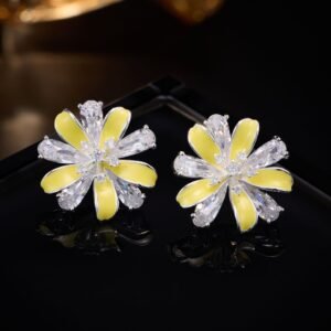 Layered bloom stud earrings featuring alternating glossy enamel petals and marquise-cut clear CZ crystals, available in yellow, sky blue, and pastel rainbow options.
