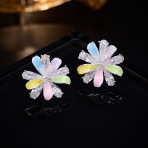 Layered bloom stud earrings featuring alternating glossy enamel petals and marquise-cut clear CZ crystals, available in yellow, sky blue, and pastel rainbow options.