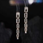 Geometric chain link CZ linear drop earrings in rose gold featuring micro-paved interlocking rectangular links and 925 sterling silver ear posts