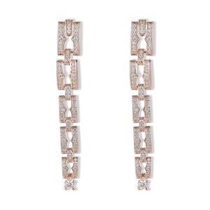 Geometric chain link CZ linear drop earrings in rose gold featuring micro-paved interlocking rectangular links and 925 sterling silver ear posts