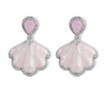 Enamel shell CZ drop earrings featuring pear-cut stud stones, shimmering pastel fan pendants, paved cubic zirconia trim, and 925 sterling silver ear posts.