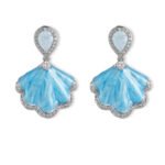 Enamel shell CZ drop earrings featuring pear-cut stud stones, shimmering pastel fan pendants, paved cubic zirconia trim, and 925 sterling silver ear posts.
