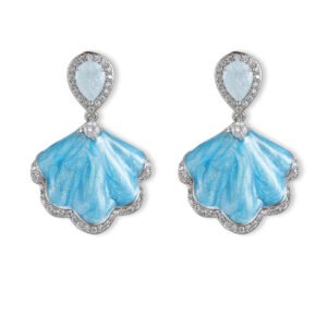 Enamel shell CZ drop earrings featuring pear-cut stud stones, shimmering pastel fan pendants, paved cubic zirconia trim, and 925 sterling silver ear posts.