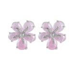 Five-petal flower stud earrings crafted with pear-cut crackle glass stones, featuring a pavé crystal starfish centerpiece in pink, green, and pastel rainbow colorways.
