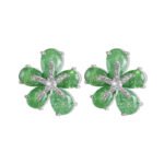 Five-petal flower stud earrings crafted with pear-cut crackle glass stones, featuring a pavé crystal starfish centerpiece in pink, green, and pastel rainbow colorways.