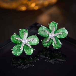 Five-petal flower stud earrings crafted with pear-cut crackle glass stones, featuring a pavé crystal starfish centerpiece in pink, green, and pastel rainbow colorways.