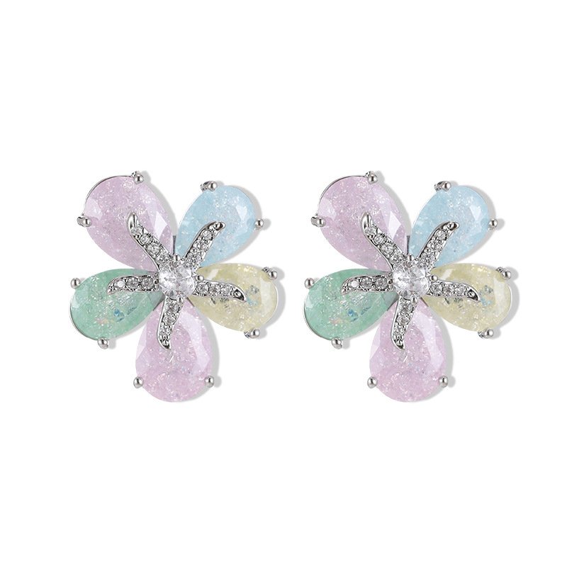 Five-petal flower stud earrings crafted with pear-cut crackle glass stones, featuring a pavé crystal starfish centerpiece in pink, green, and pastel rainbow colorways.