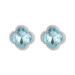 Clover crystal stud earrings with aquamarine cushion-cut center stone, micro-pave halo setting, and 925 sterling silver posts.