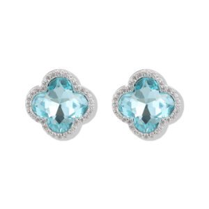 Clover crystal stud earrings with aquamarine cushion-cut center stone, micro-pave halo setting, and 925 sterling silver posts.