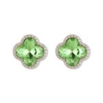 Clover crystal stud earrings with aquamarine cushion-cut center stone, micro-pave halo setting, and 925 sterling silver posts.