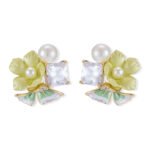 Enamel flower pearl CZ stud earrings featuring pastel resin petals, freshwater pearl accents, square crystal stone, and 925 sterling silver posts.