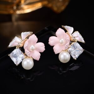Enamel flower pearl CZ stud earrings featuring pastel resin petals, freshwater pearl accents, square crystal stone, and 925 sterling silver posts.