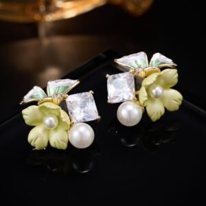 Enamel flower pearl CZ stud earrings featuring pastel resin petals, freshwater pearl accents, square crystal stone, and 925 sterling silver posts.