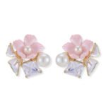 Enamel flower pearl CZ stud earrings featuring pastel resin petals, freshwater pearl accents, square crystal stone, and 925 sterling silver posts.