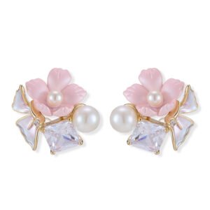 Enamel flower pearl CZ stud earrings featuring pastel resin petals, freshwater pearl accents, square crystal stone, and 925 sterling silver posts.