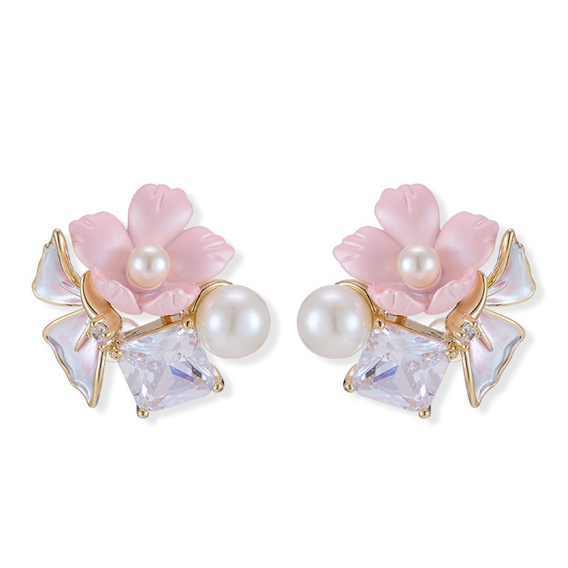 X-572 (7) Enamel flower pearl CZ stud earrings featuring pastel resin petals, freshwater pearl accents, square crystal stone, and 925 sterling silver posts.
