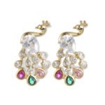 Peacock CZ crystal stud earrings featuring pear-cut body stone and colorful teardrop feather CZ accents with 925 sterling silver posts.