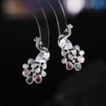 Peacock CZ crystal stud earrings featuring pear-cut body stone and colorful teardrop feather CZ accents with 925 sterling silver posts.