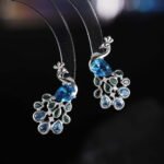 Peacock CZ crystal stud earrings featuring pear-cut body stone and colorful teardrop feather CZ accents with 925 sterling silver posts.