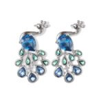 Peacock CZ crystal stud earrings featuring pear-cut body stone and colorful teardrop feather CZ accents with 925 sterling silver posts.