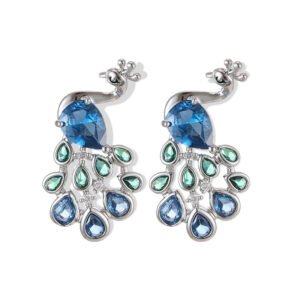 Peacock CZ crystal stud earrings featuring pear-cut body stone and colorful teardrop feather CZ accents with 925 sterling silver posts.