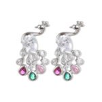 Peacock CZ crystal stud earrings featuring pear-cut body stone and colorful teardrop feather CZ accents with 925 sterling silver posts.