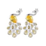 Peacock CZ crystal stud earrings featuring pear-cut body stone and colorful teardrop feather CZ accents with 925 sterling silver posts.