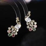 Peacock CZ crystal stud earrings featuring pear-cut body stone and colorful teardrop feather CZ accents with 925 sterling silver posts.