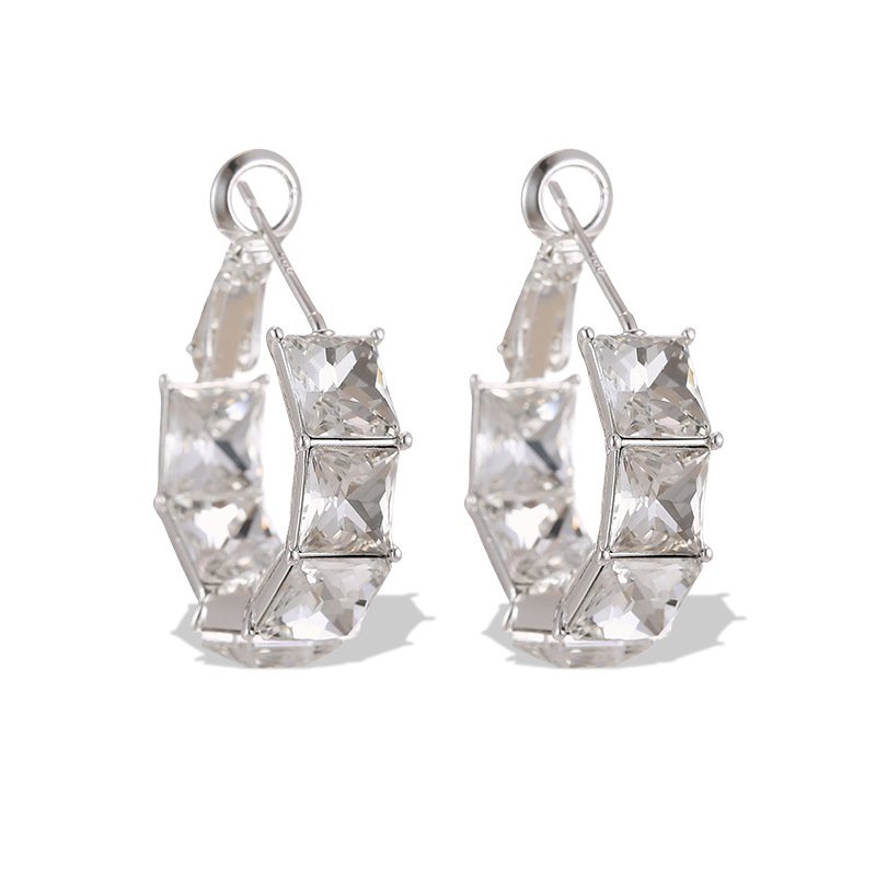 Half-hoop earrings channel-set with square emerald-cut AAA cubic zirconia stones, available in clear silver, aqua blue, and peridot green options.