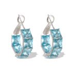 Half-hoop earrings channel-set with square emerald-cut AAA cubic zirconia stones, available in clear silver, aqua blue, and peridot green options.