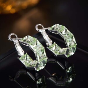 Half-hoop earrings channel-set with square emerald-cut AAA cubic zirconia stones, available in clear silver, aqua blue, and peridot green options.