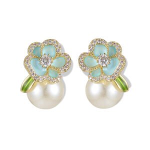 Enamel flower pearl stud earrings featuring micro-paved CZ petal borders, center round stone, glossy pearl drop, and 925 sterling silver ear posts
