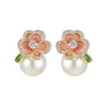 Enamel flower pearl stud earrings featuring micro-paved CZ petal borders, center round stone, glossy pearl drop, and 925 sterling silver ear posts