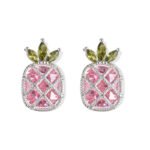 Sparkling pineapple stud earrings featuring marquise-cut crystal crown leaves, lattice fruit body, and micro-pavé accents in yellow, pink, and clear options.